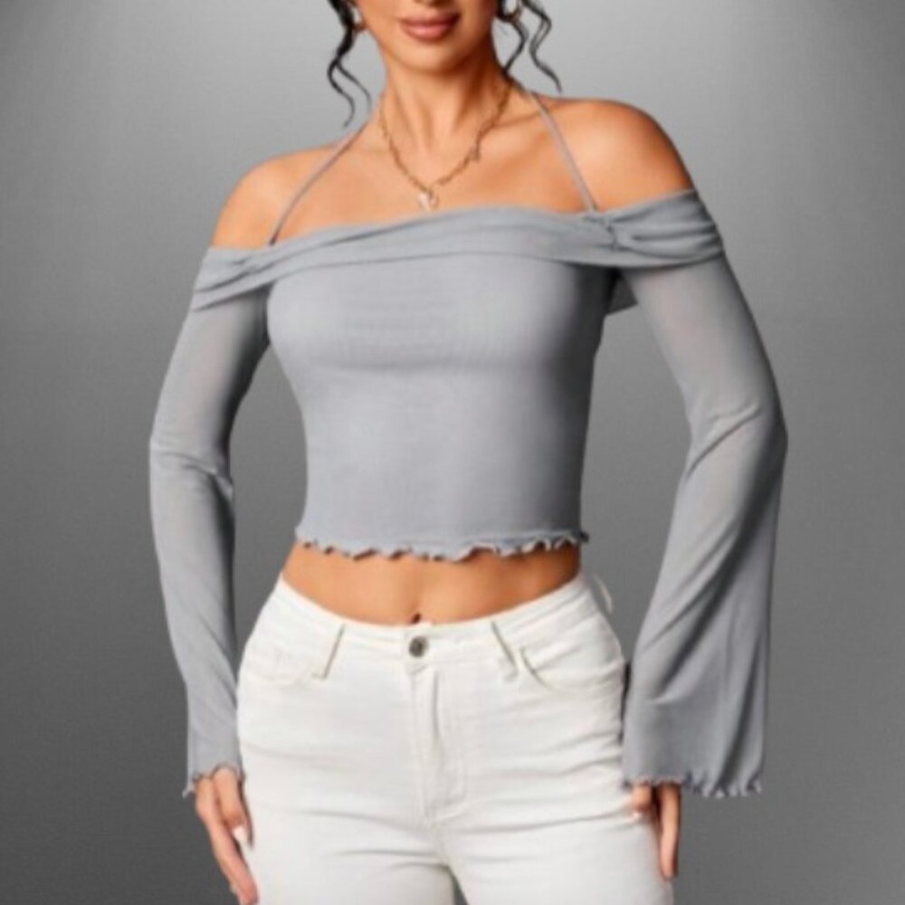 SHEIN  ICON Ruched Halter Neck Lettuce Trim Flounce Sleeve Crop Top, Grey L NWT